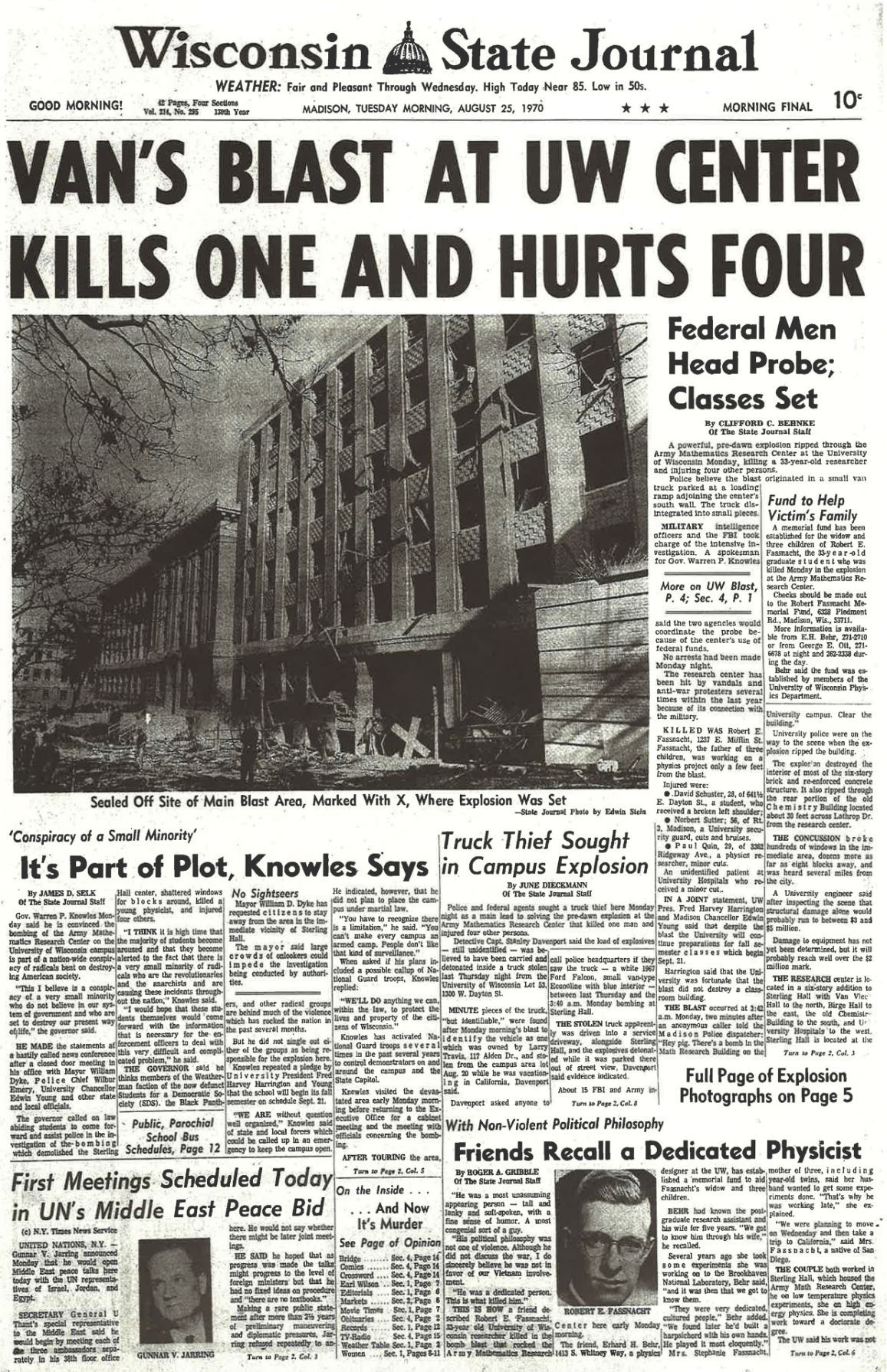 Sterling Hall bombing on front page